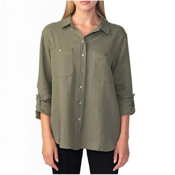 Social Standard by Sanctuary Olive Green Gauze Button Shirt Women’s XXL - Picture 2 of 11
